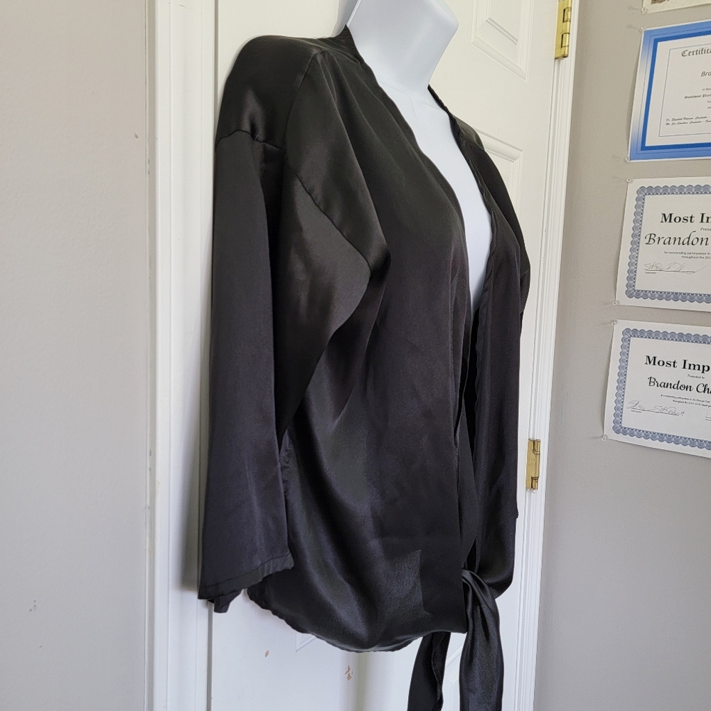 Urban Outfitters Black Satin Tie Front Nicole Blouse Flare Sleeve Deep V Size S - Picture 6 of 14